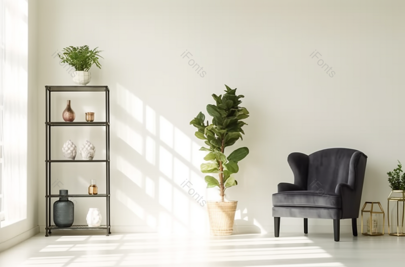 白色极简家装客厅阳台沙发绿植架子拍摄,高清,摄影图,摄影图片,图片大全,摄影图免费下载